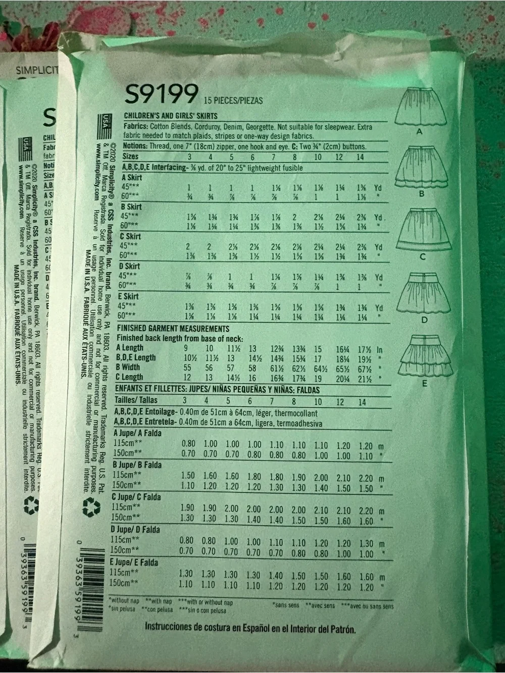 BN UNCUT SIMPLICITY 9199 A SKIRTS SEWING PATTERNS